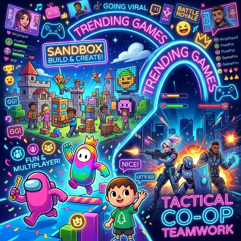 Montage coloré de jeux vidéo viraux et de tendances multijoueurs
