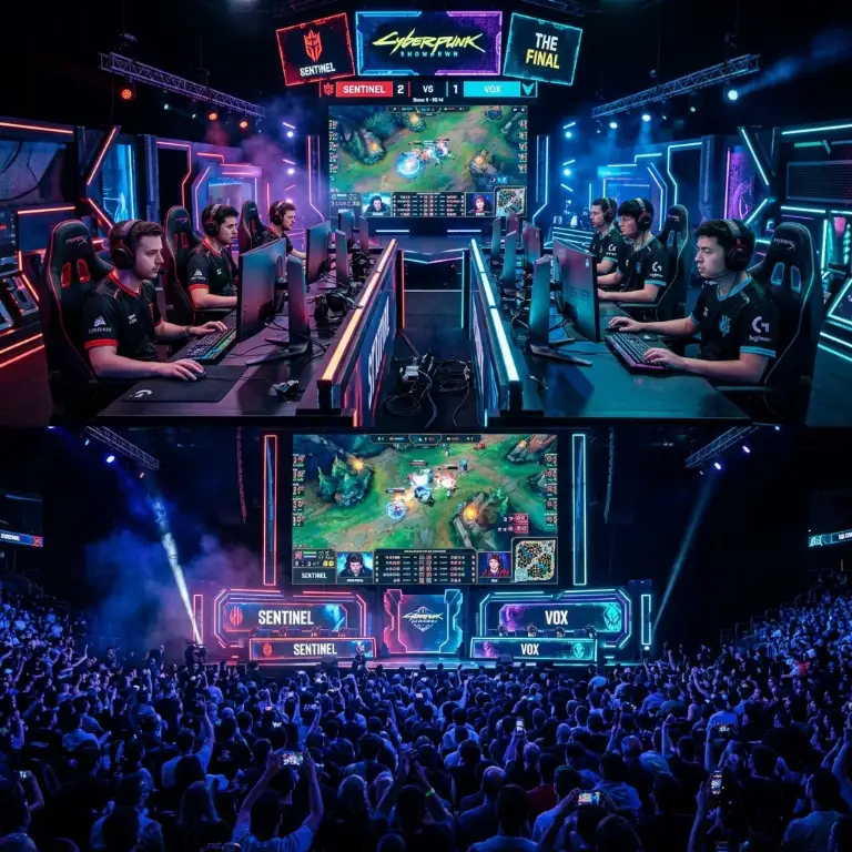 Arène de tournoi esport compétitif avec des joueurs professionnels et des écrans géants
