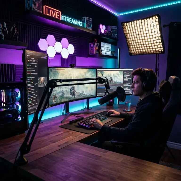 Setup de streaming moderne avec de multiples écrans, micro professionnel et lumières néons