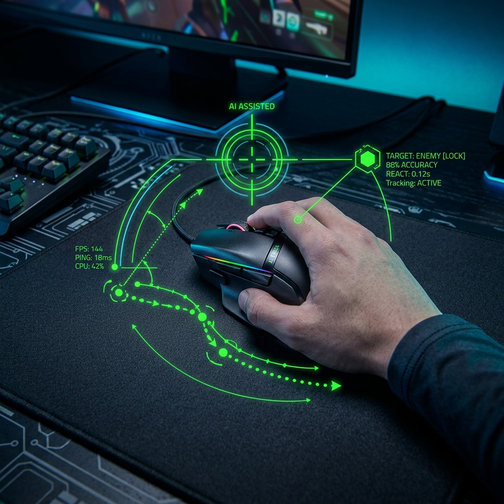 Souris de jeu noire avec tracés vectoriels lumineux et points de ciblage simulant l'analyse de précision et de trajectoire par IA