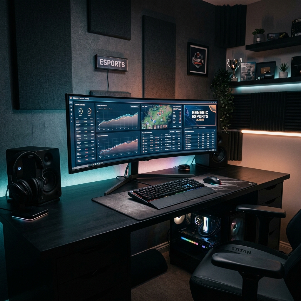 Setup de gaming professionnel moderne dans la pénombre avec des graphiques de statistiques e-sport affichés sur l'écran