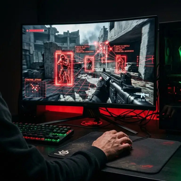 Ecran gaming avec reseau de neurones rouge detecteurs