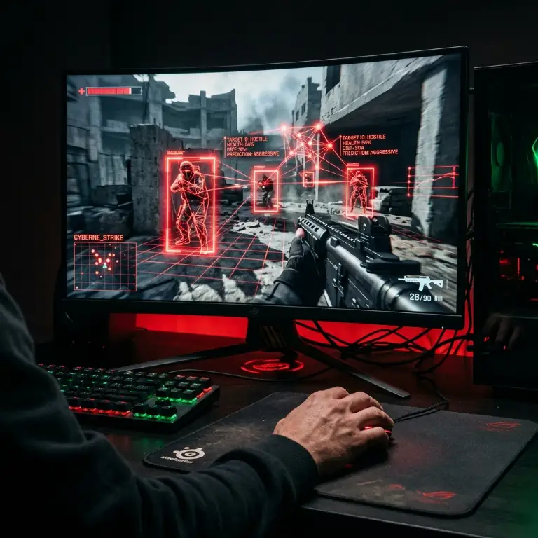 Ecran gaming avec reseau de neurones rouge detecteurs