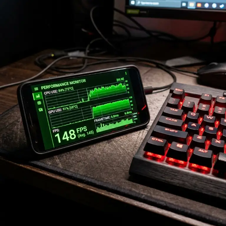 Rendu de statistiques de performance et framerate FPS sur l'écran d'un smartphone