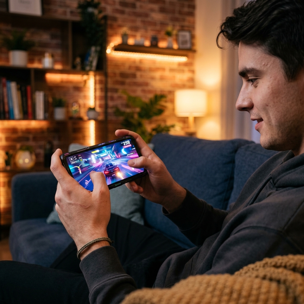 Joueur mobile jouant avec un smartphone de milieu de gamme dans un salon confortable