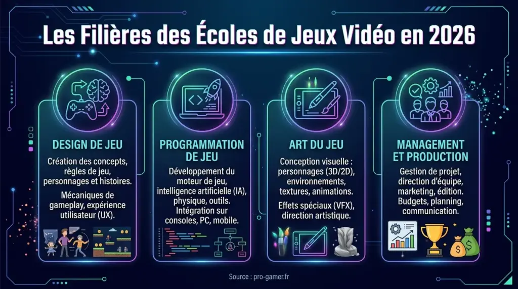 Infographie des filières des écoles de jeux vidéo en 2026 - Source pro-gamer.fr