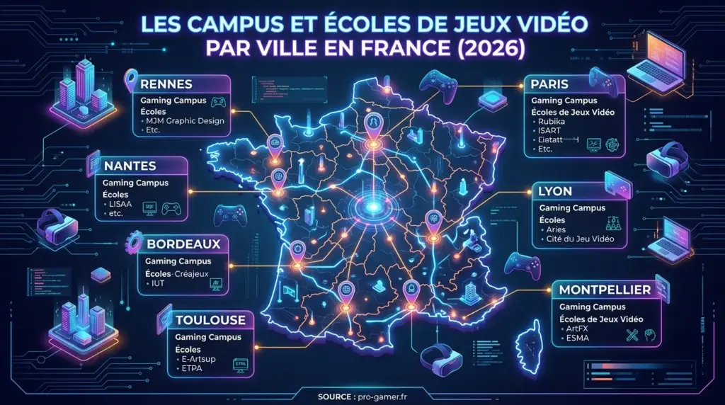 Carte des Gaming Campus et écoles de jeux vidéo en France - Source pro-gamer.fr