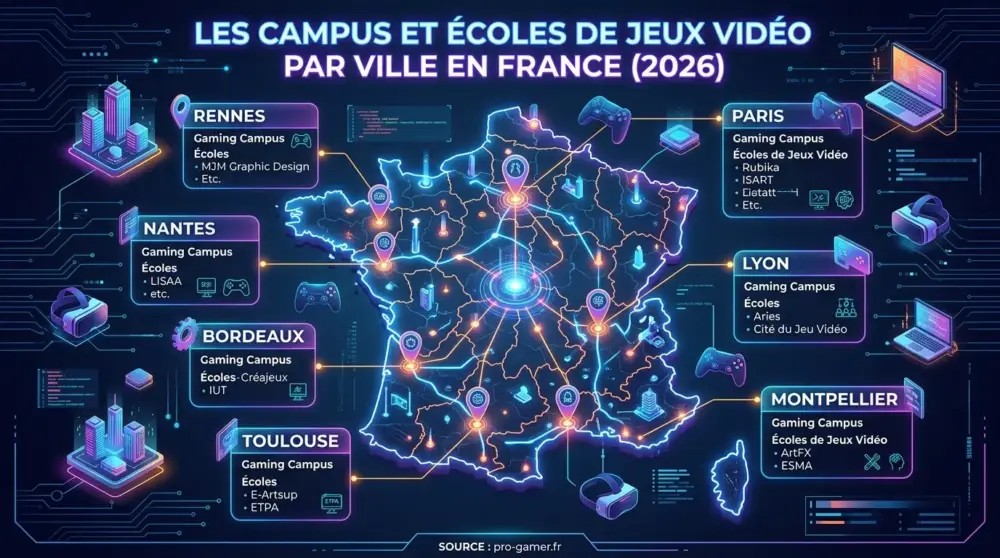 Carte des Gaming Campus et écoles de jeux vidéo en France - Source pro-gamer.fr