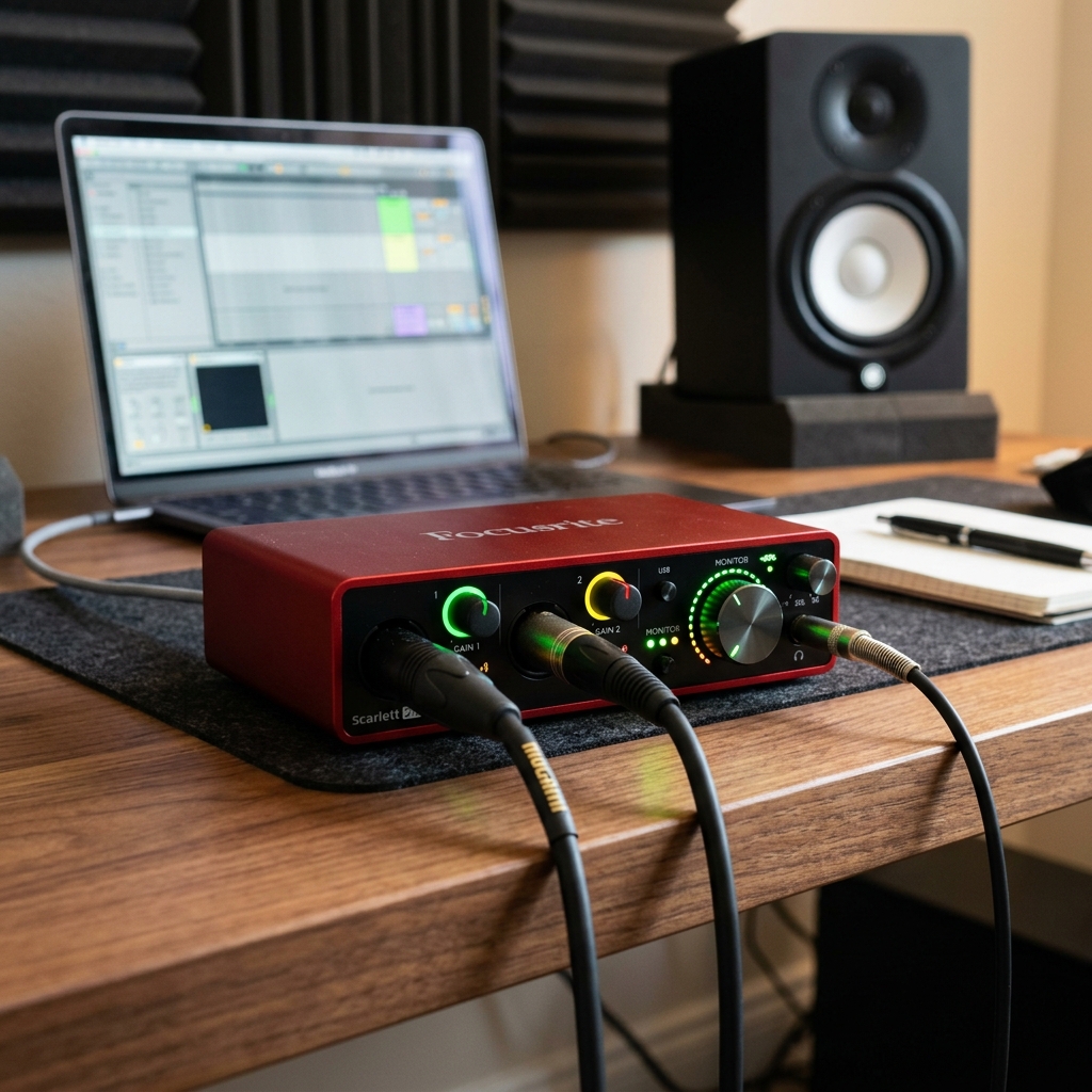 Carte son USB Focusrite Scarlett 2i2 4th Gen sur un bureau
