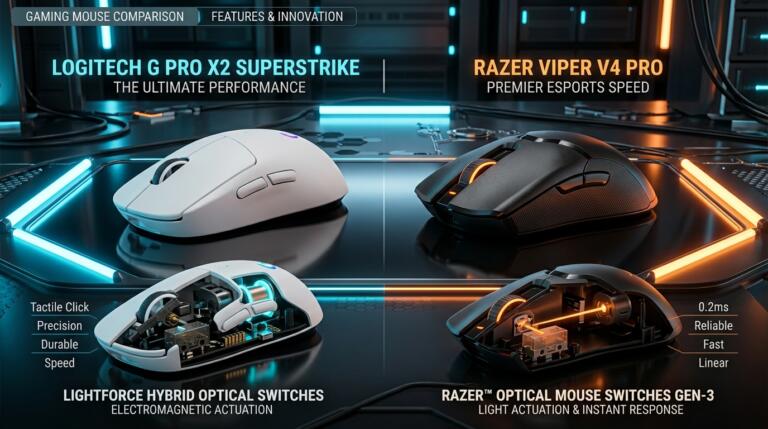 Logitech G Pro X2 SUPERSTRIKE vs Razer Viper V4 Pro : Le choc des clics haptiques à induction vs optiques analogiques
