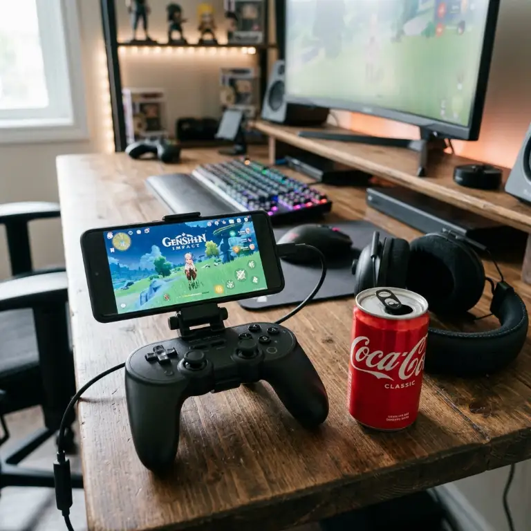 Support de manette Xbox avec smartphone fixé posé sur un bureau gamer