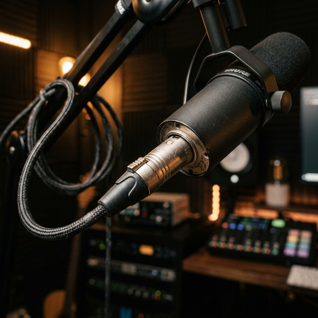 Câble et connecteur métallique XLR branché sur un microphone de stream