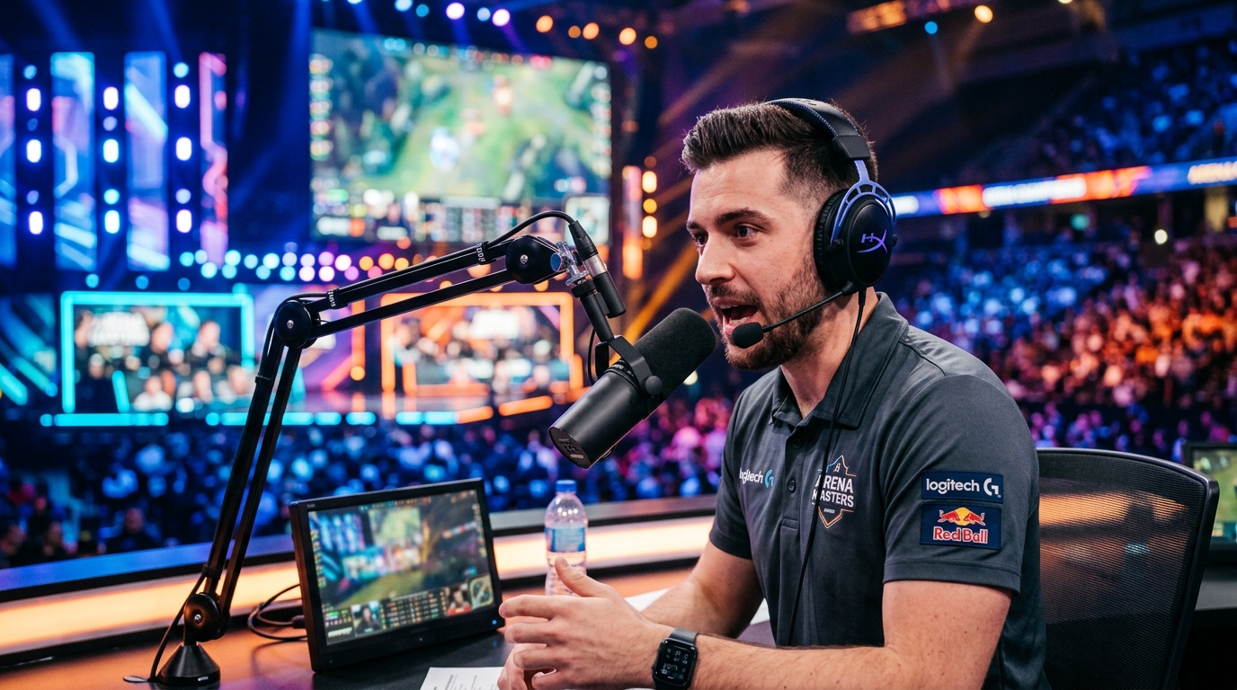 Commentateur caster esport parlant dans son microphone devant la scene