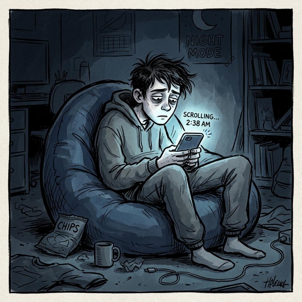 Illustration adolescent fatigué écrans