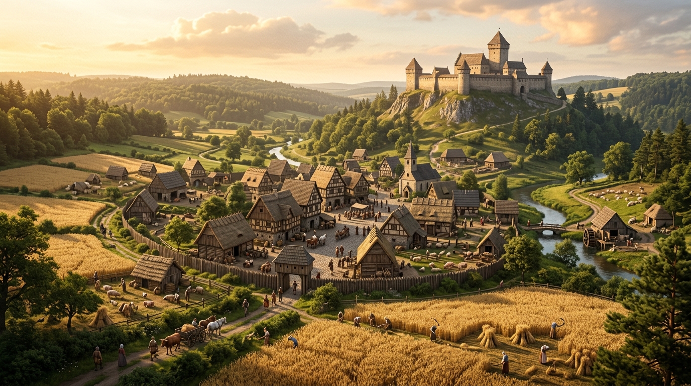 Vue aérienne d'une colonie médiévale et d'une forteresse dans Manor Lords