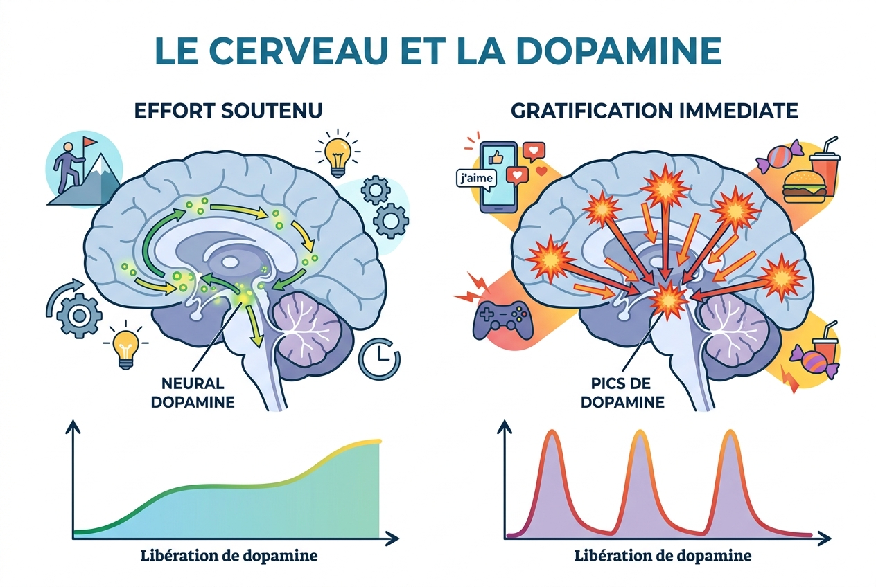 Infographie Le Cerveau et la Dopamine - Effort soutenu vs Gratification immédiate