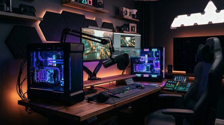 Deux ordinateurs de streaming de haut niveau avec eclairage RGB et table de mixage