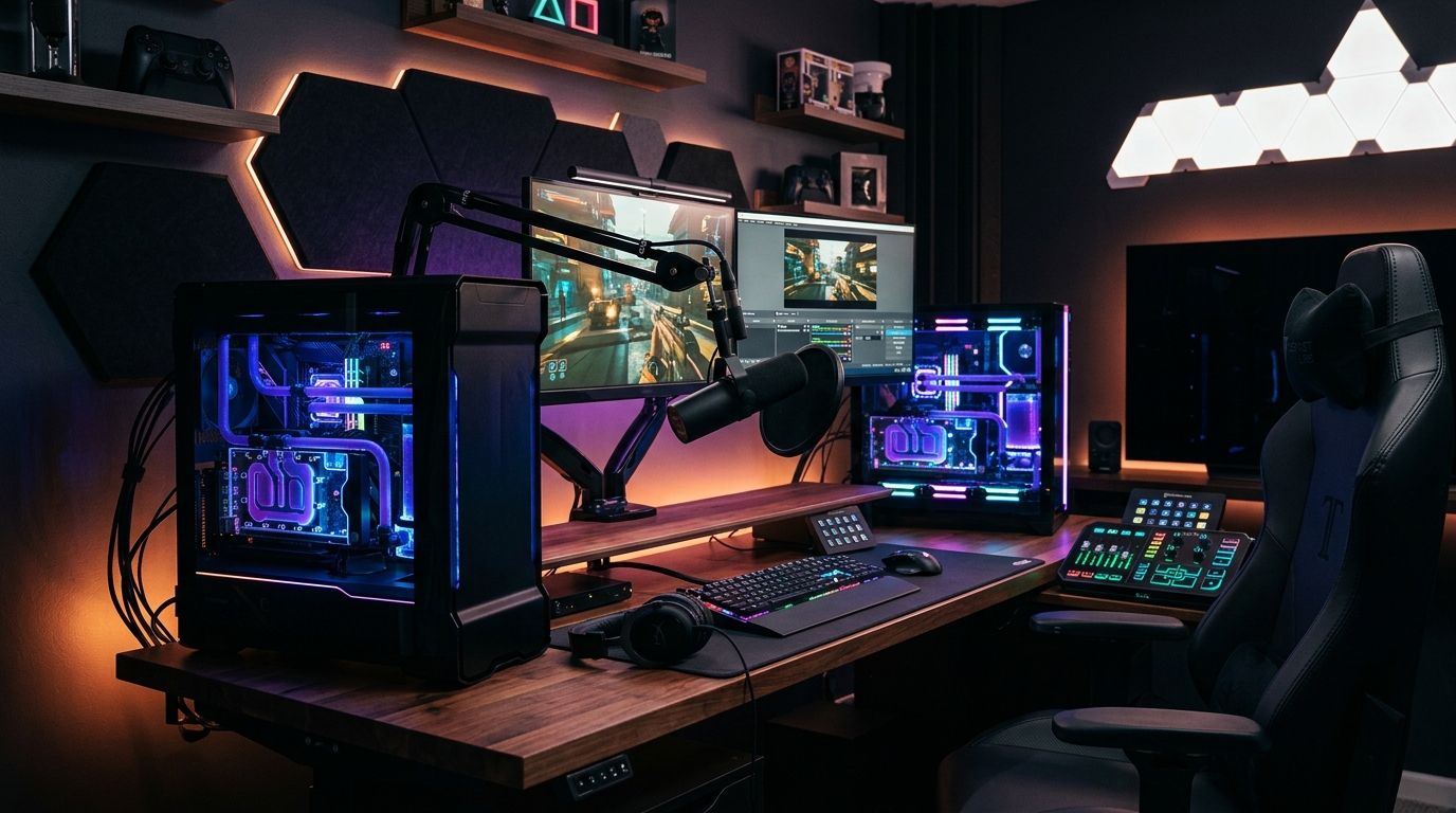 Deux ordinateurs de streaming de haut niveau avec eclairage RGB et table de mixage