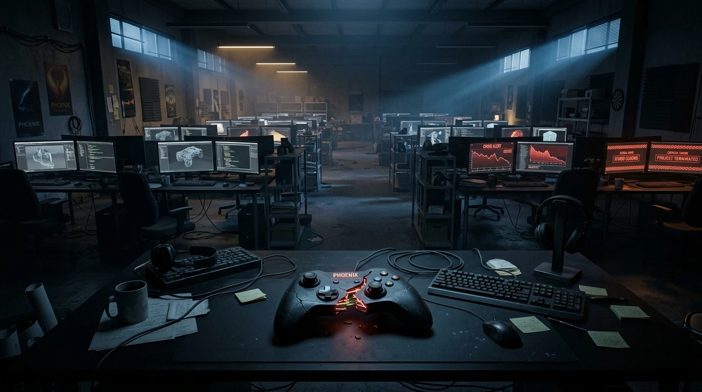 Manette brisée et studio de développement désert symbolisant la crise et les licenciements du jeu vidéo