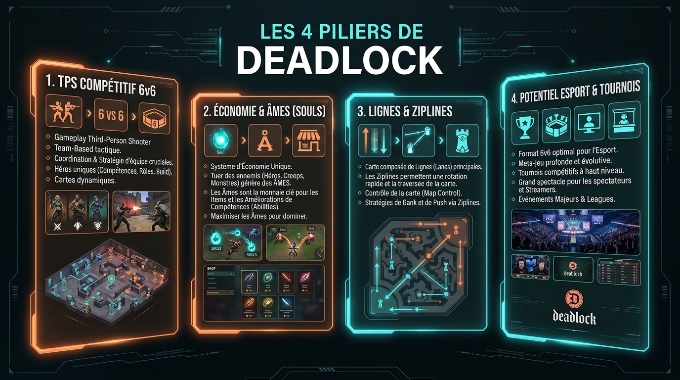 Infographie des 4 piliers de gameplay et esport de Deadlock Valve