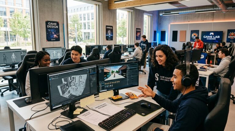 Étudiants en formation développement de jeu vidéo et esport dans un game lab moderne