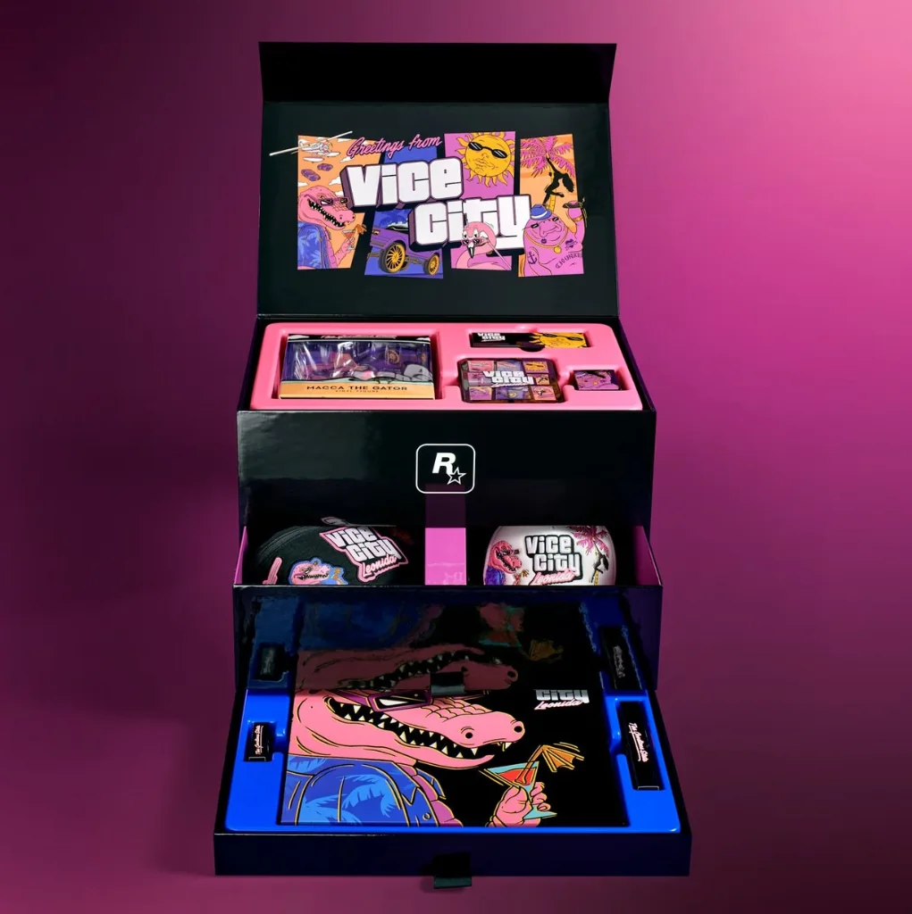 Boîte collector GTA 6 avec tiroirs ouverts laissant apparaître les objets