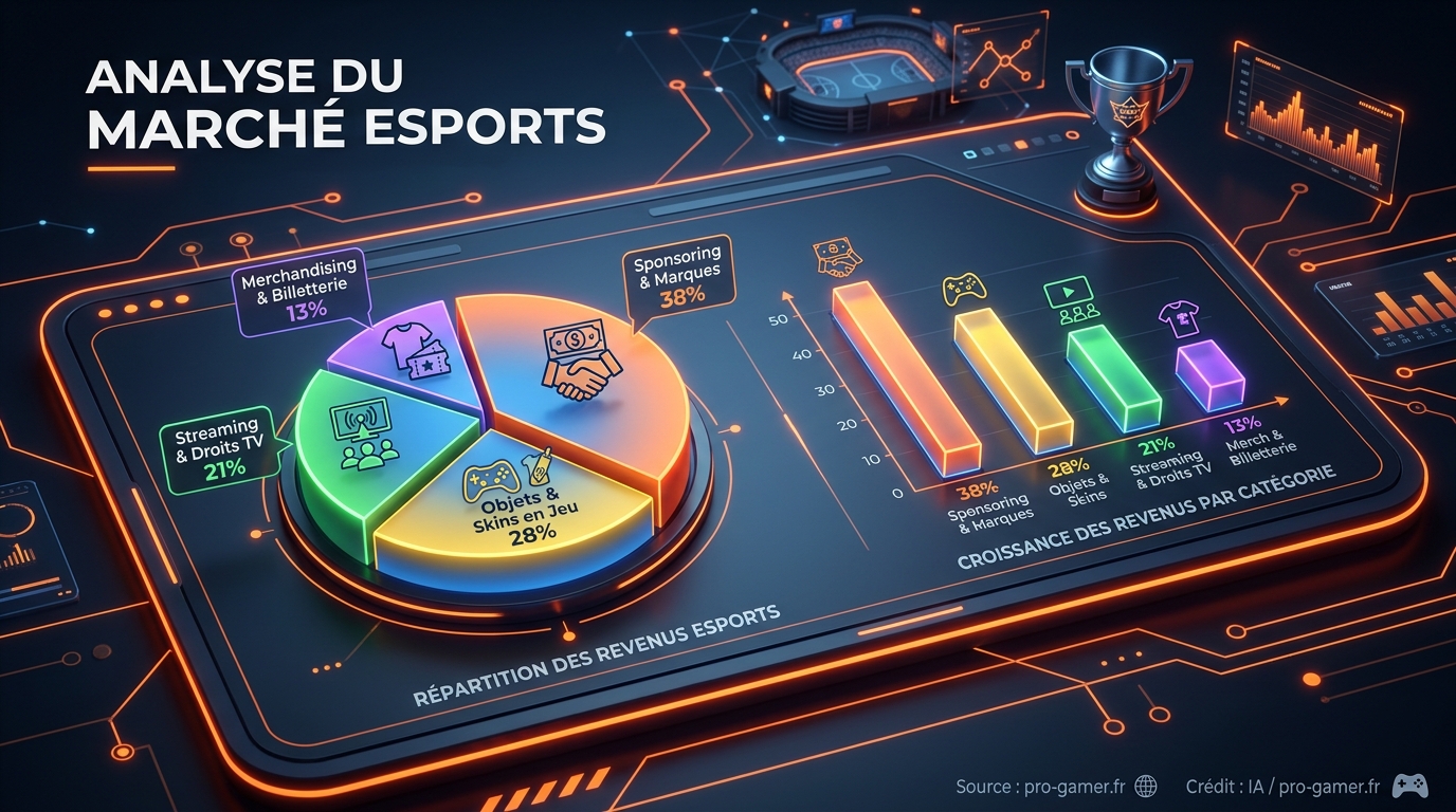 Infographie répartition des revenus esport 2026 : Sponsoring 38%, Objets in-game 28%, Streaming 21%, Merchandising 13%