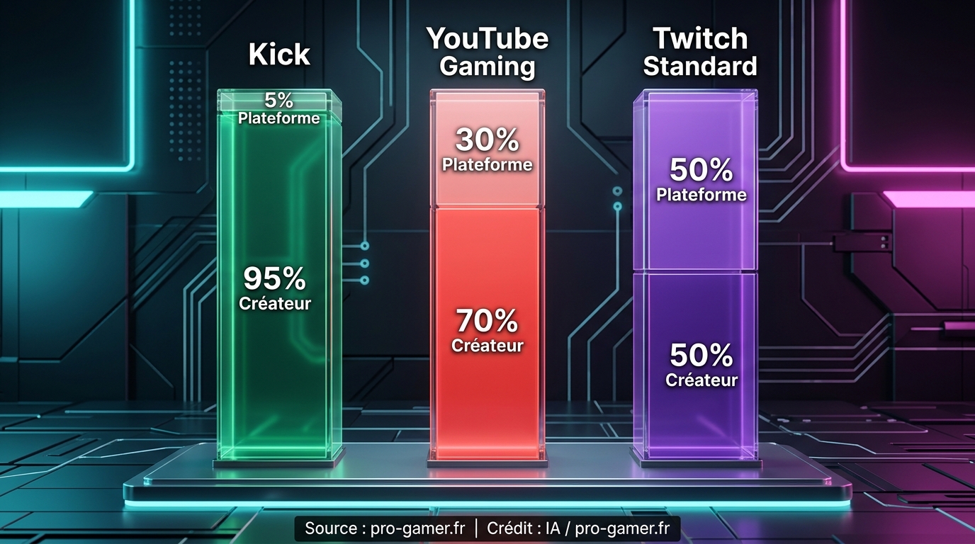 Infographie comparatif du partage des revenus streaming 2026 : Kick 95%, YouTube Gaming 70%, Twitch 50%