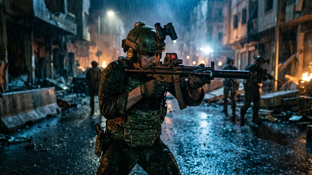 Soldat d'élite Modern Warfare 4 en combat urbain de nuit sous la pluie