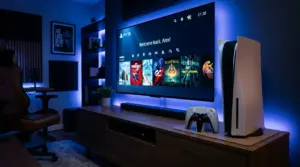 Interface PlayStation 5 et manette DualSense devant un ecran de jeux