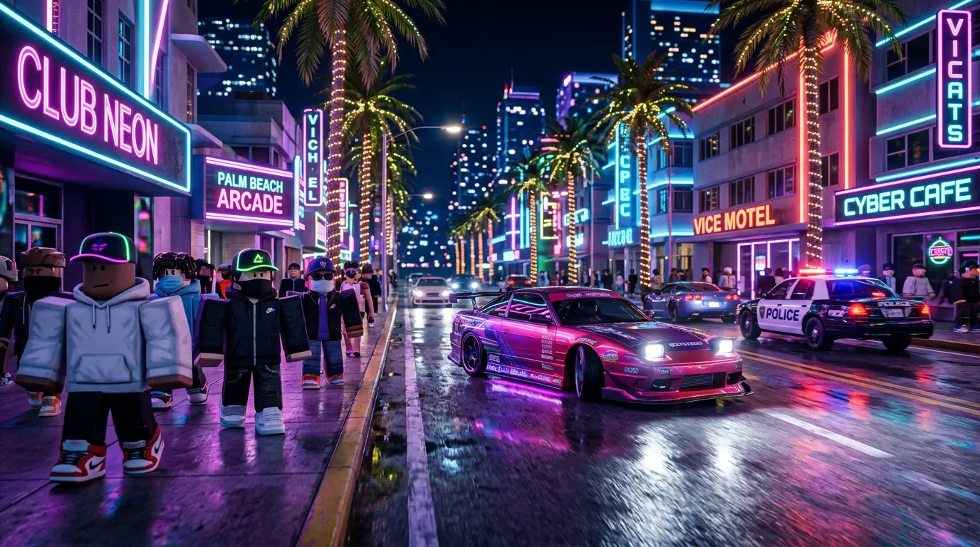 Avatars Roblox dans une ville facon GTA avec voitures de sport et neons