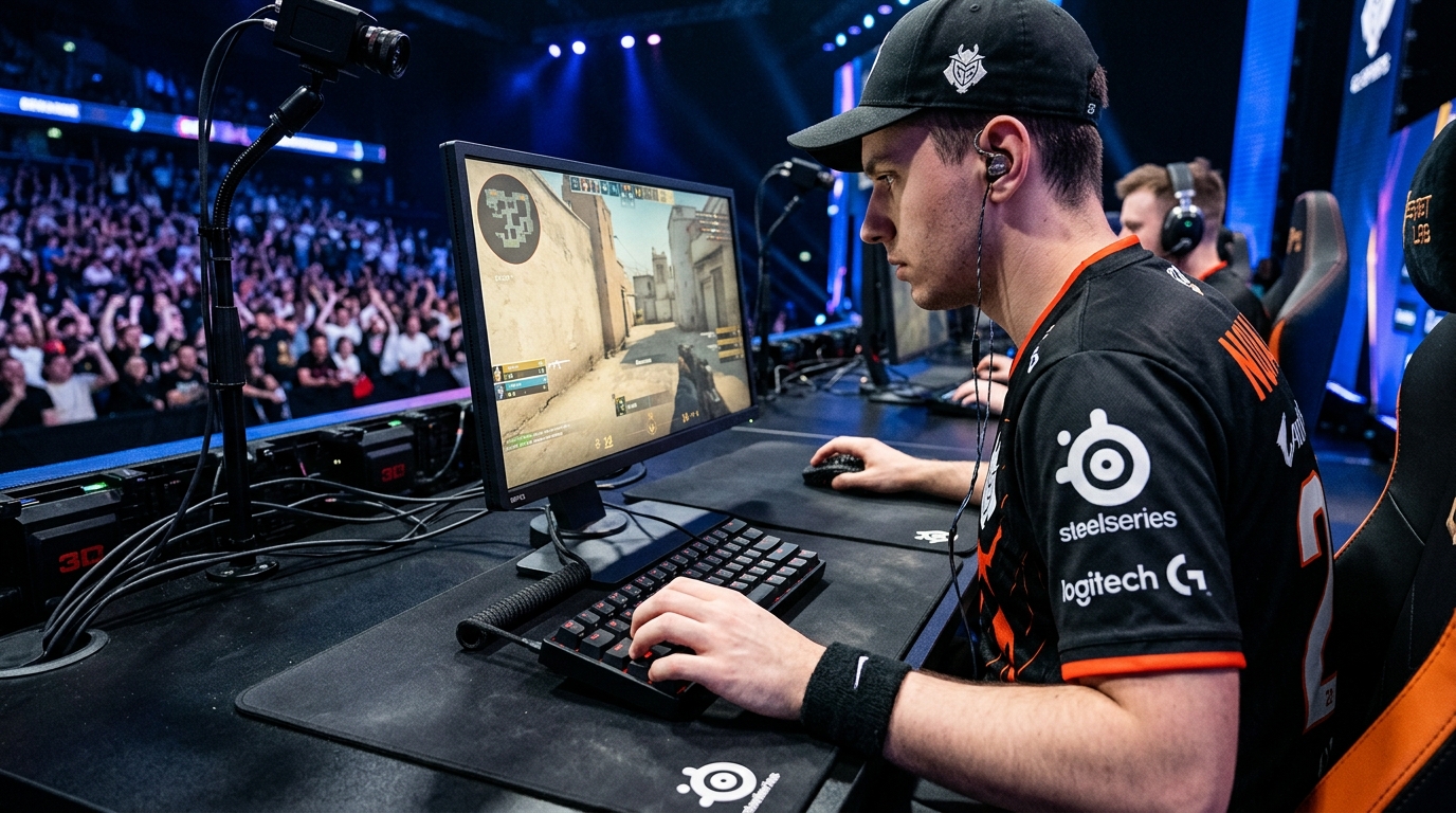 Joueur professionnel CS2 concentre sur son ecran esports et sa souris