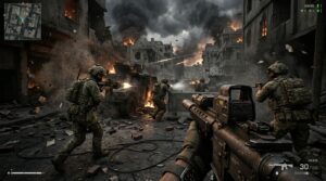 Soldats tactiques au combat dans un champ de bataille urbain sur le FPS WARDOGS
