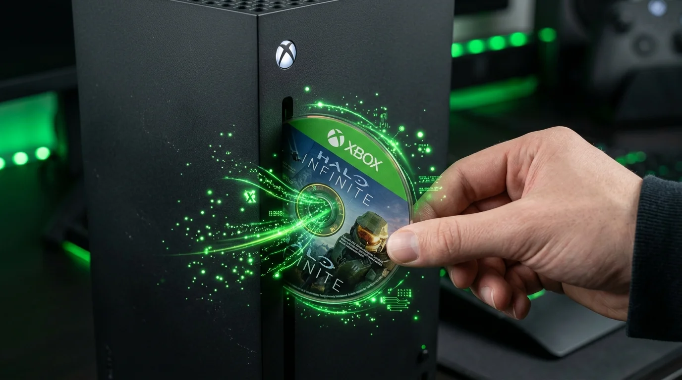 Console Xbox Series X et insertion de disque avec transfert de licence dématérialisée Xbox Disc-to-Digital