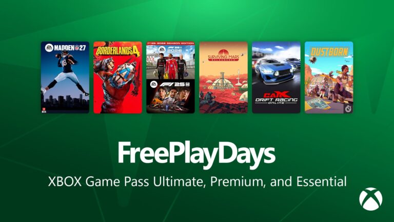 Bannière officielle Xbox Free Play Days avec Borderlands 4, F1 25, Madden NFL 27 et Dustborn