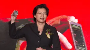 Lisa Su PDG d'AMD présentant un processeur Ryzen et relançant le Ryzen 7 5800X3D sur socket AM4