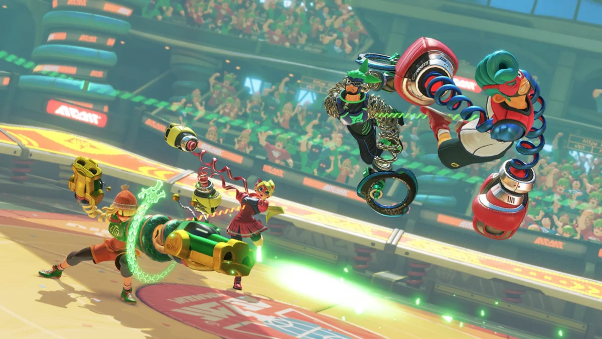 Combat en arène dans ARMS avec Spring Man, Ribbon Girl, Min Min et Ninjara