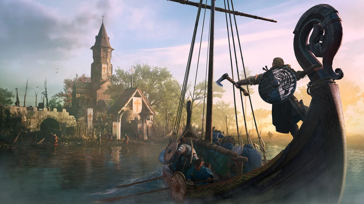 Eivor dans Assassin's Creed Valhalla avec l'équipement de qualité Divine et la ressource Mithril du mode New Game+