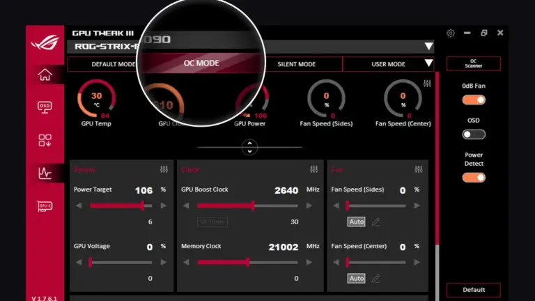 Interface du logiciel ASUS GPU Tweak III 2.2.1.1 avec réglages OC Mode, courbes de ventilation et Power Detector+