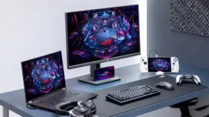 Moniteur gaming ASUS ROG Strix XG27ACMSR 27 pouces QHD 360 Hz et 640 Hz HD sur un bureau