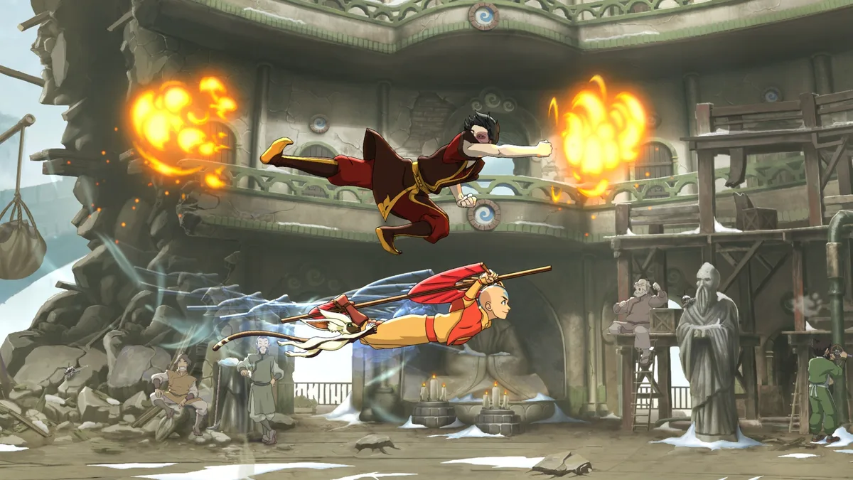 Combat aerien en animation 2D dessinee a la main dans Avatar Legends The Fighting Game