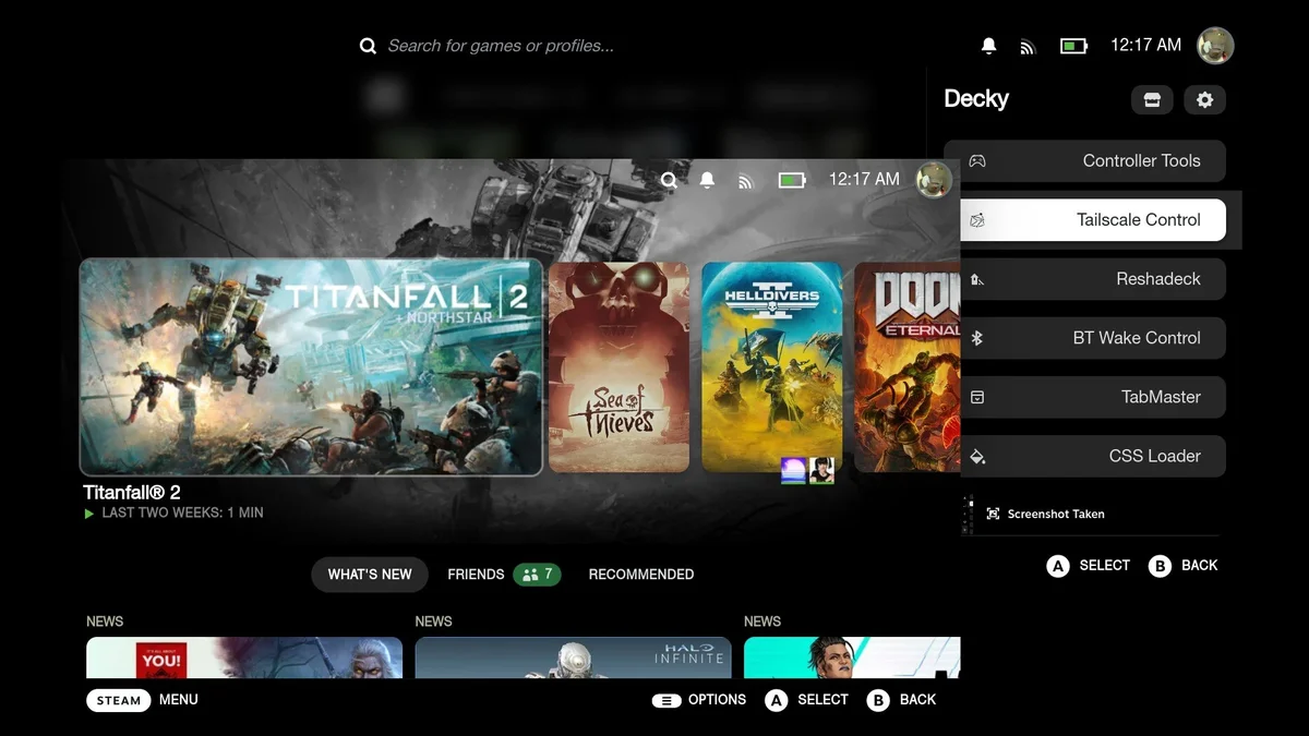 Interface Steam Gaming Mode de Bazzite Linux et menu Decky Loader fonctionnant sur PlayStation 5