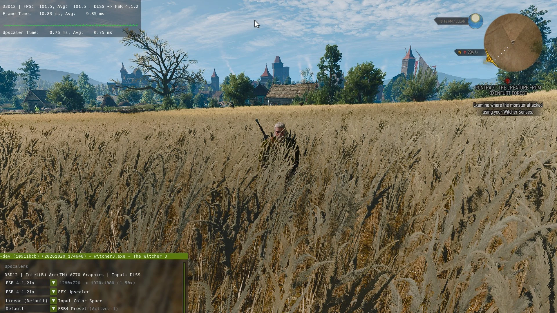 Benchmark AMD FSR 4.1.2 Lite XMX sur Intel Arc A770 dans The Witcher 3 via OptiScaler