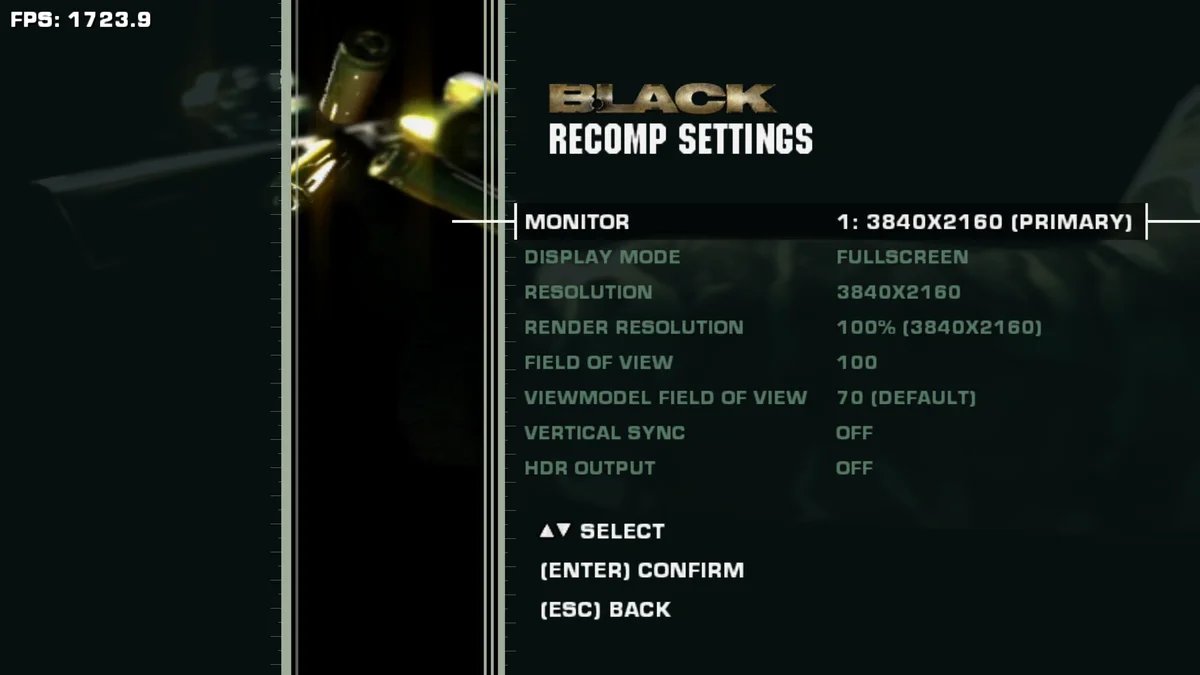 Interface des options graphiques 4K, FOV et HDR du portage PC natif BLACK-XBERecomp