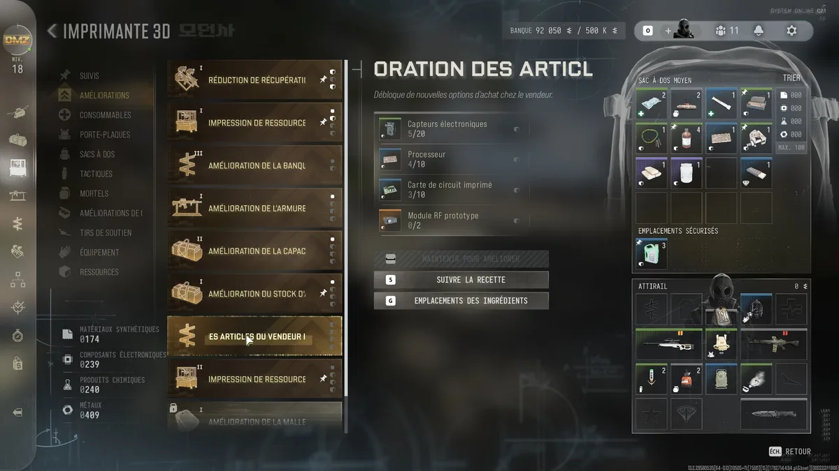 Capteurs électroniques dans l'inventaire de Call of Duty Modern Warfare 4 DMZ