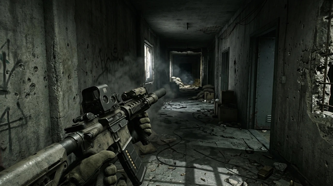 Vue FPS Call of Duty dans un couloir illustrant le blocage des wallhacks