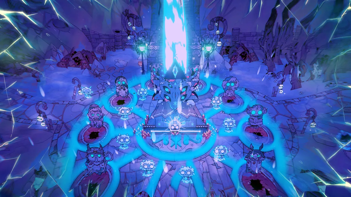 Cult of the Lamb : rituel au campement dans l’extension Woolhaven sur Nintendo Switch 2 Capture de gameplay de Cult of the Lamb Woolhaven montrant l’Agneau au milieu de ses adeptes lors d’un rituel sur Nintendo Switch 2