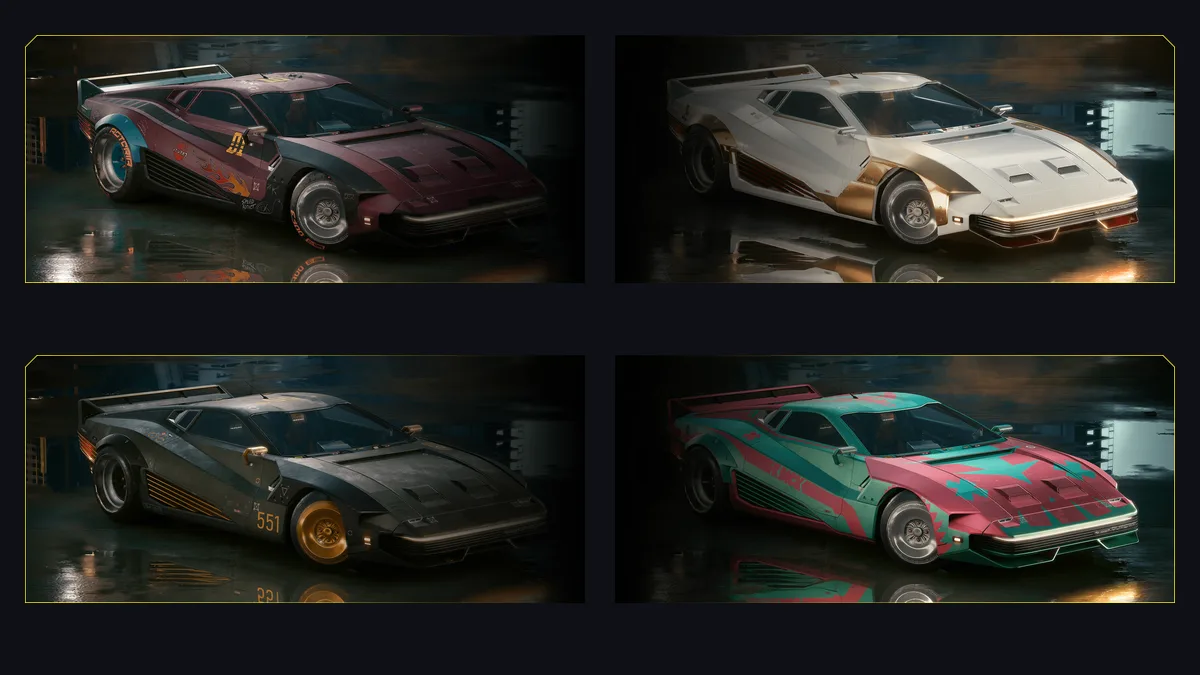 Les 4 skins de voiture TwinTone gratuites pour la Quadra Turbo-R V-Tech dans Cyberpunk 2077 2.5 via Twitch Drops