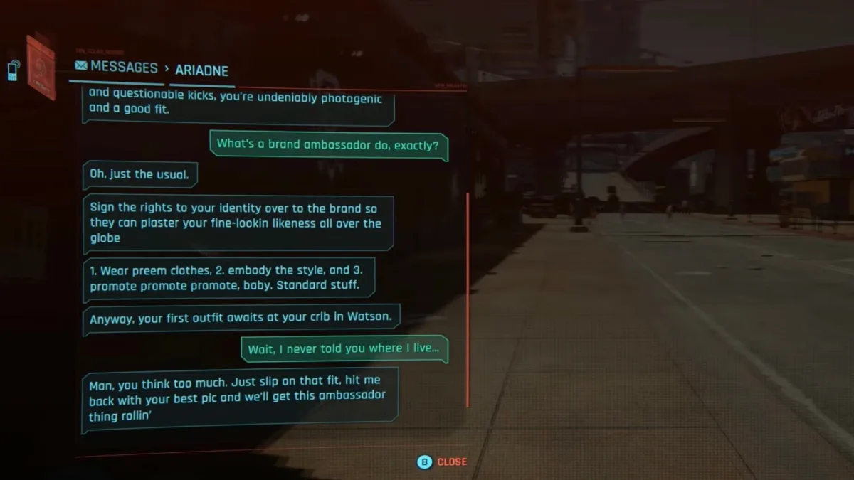 Message SMS d'Ariadne dans Cyberpunk 2077 2.5 pour débloquer l'équipement The Witcher 3