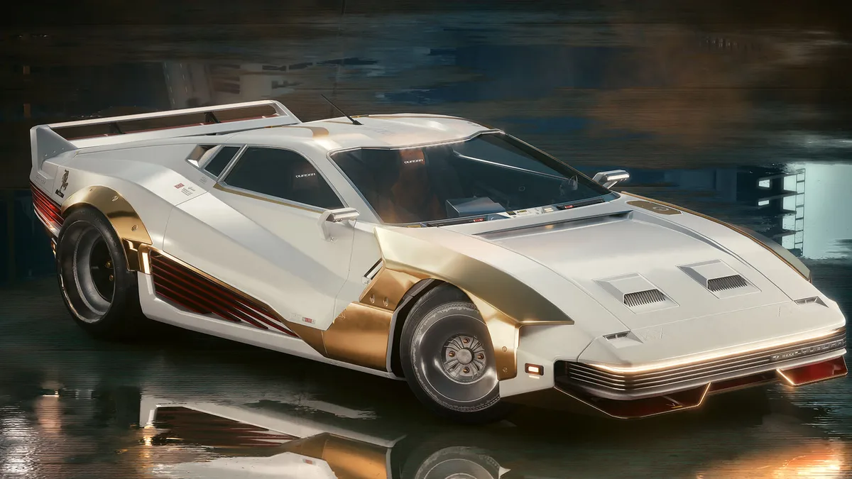 La Quadra Turbo-R V-Tech en livrée Rappel éblouissant dans Cyberpunk 2077 2.5